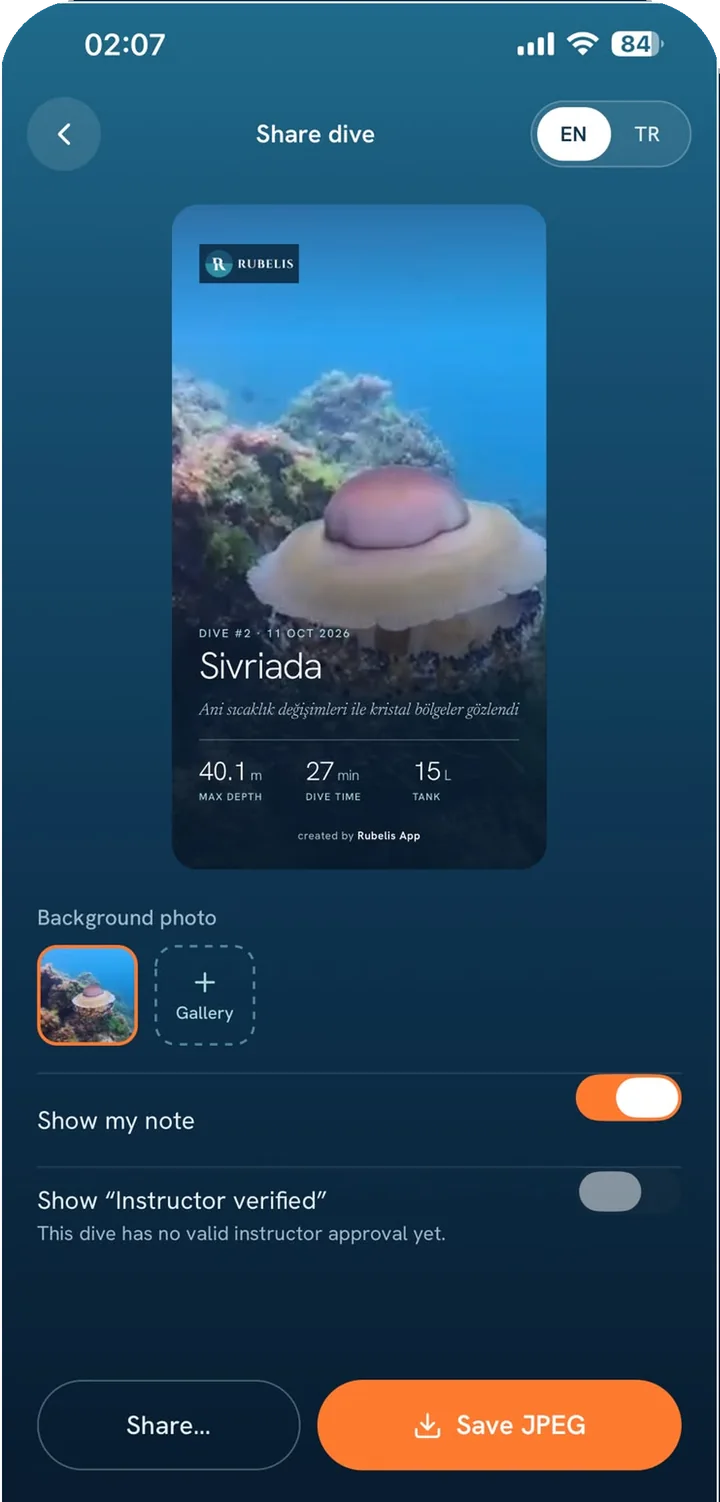 Rubelis App screen: Share your dive as a story