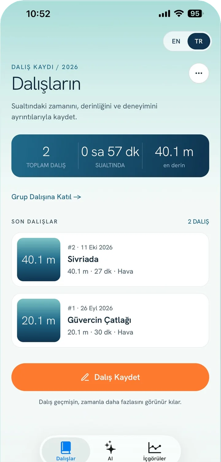 Rubelis App ekranı: Her dalışın, özenle kayıtlı