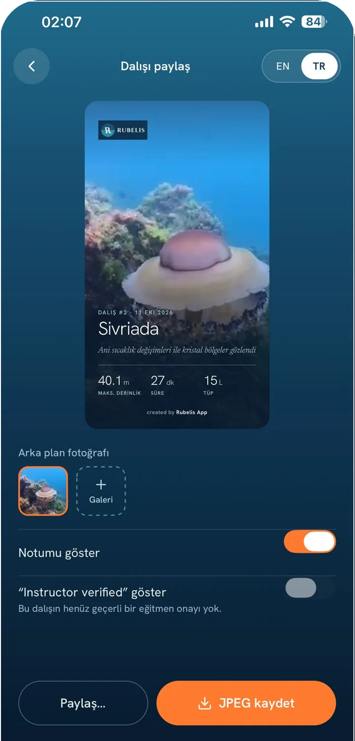 Rubelis App ekranı: Dalışını hikâye olarak paylaş
